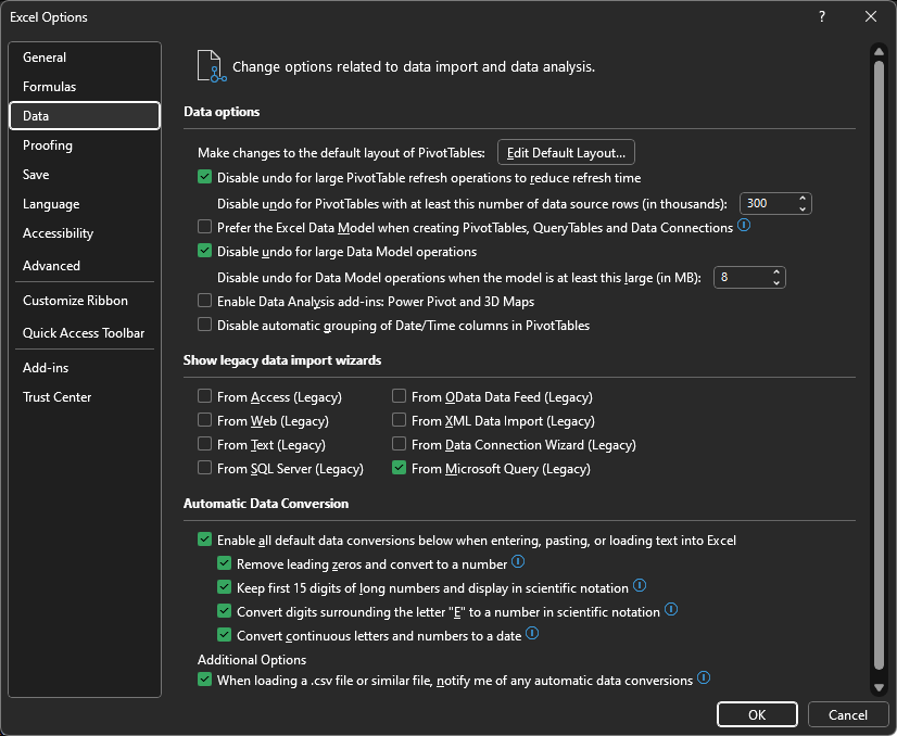 Excel Data Options